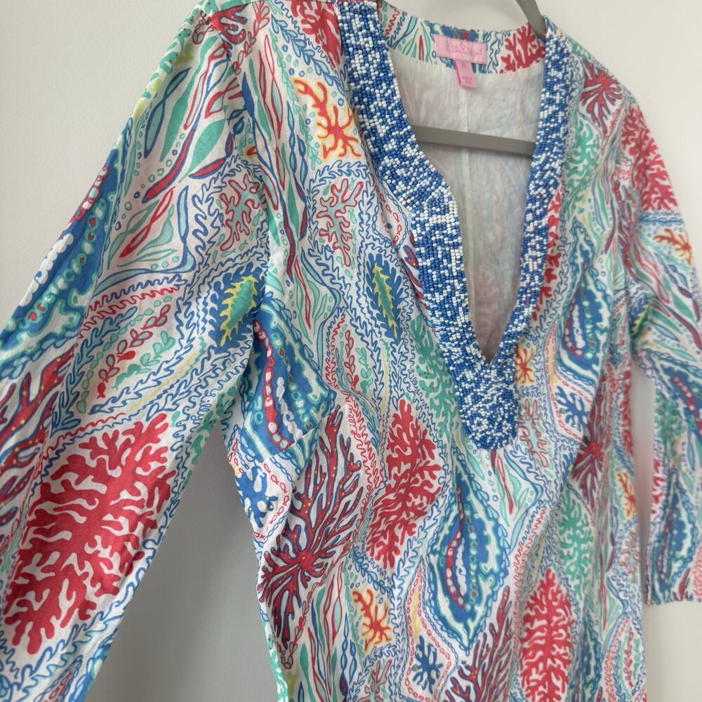 Lilly Pulitzer Courtney Tunic Dress Multi Let Minnow Beaded Shift Resort Size XS